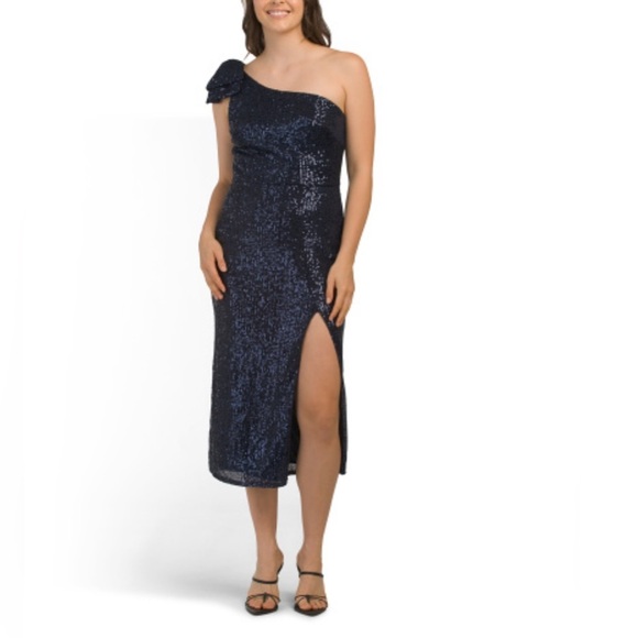 Ieena for Mac Duggal Bow One Shoulder Midnight Sequin Midi Dress Size 8